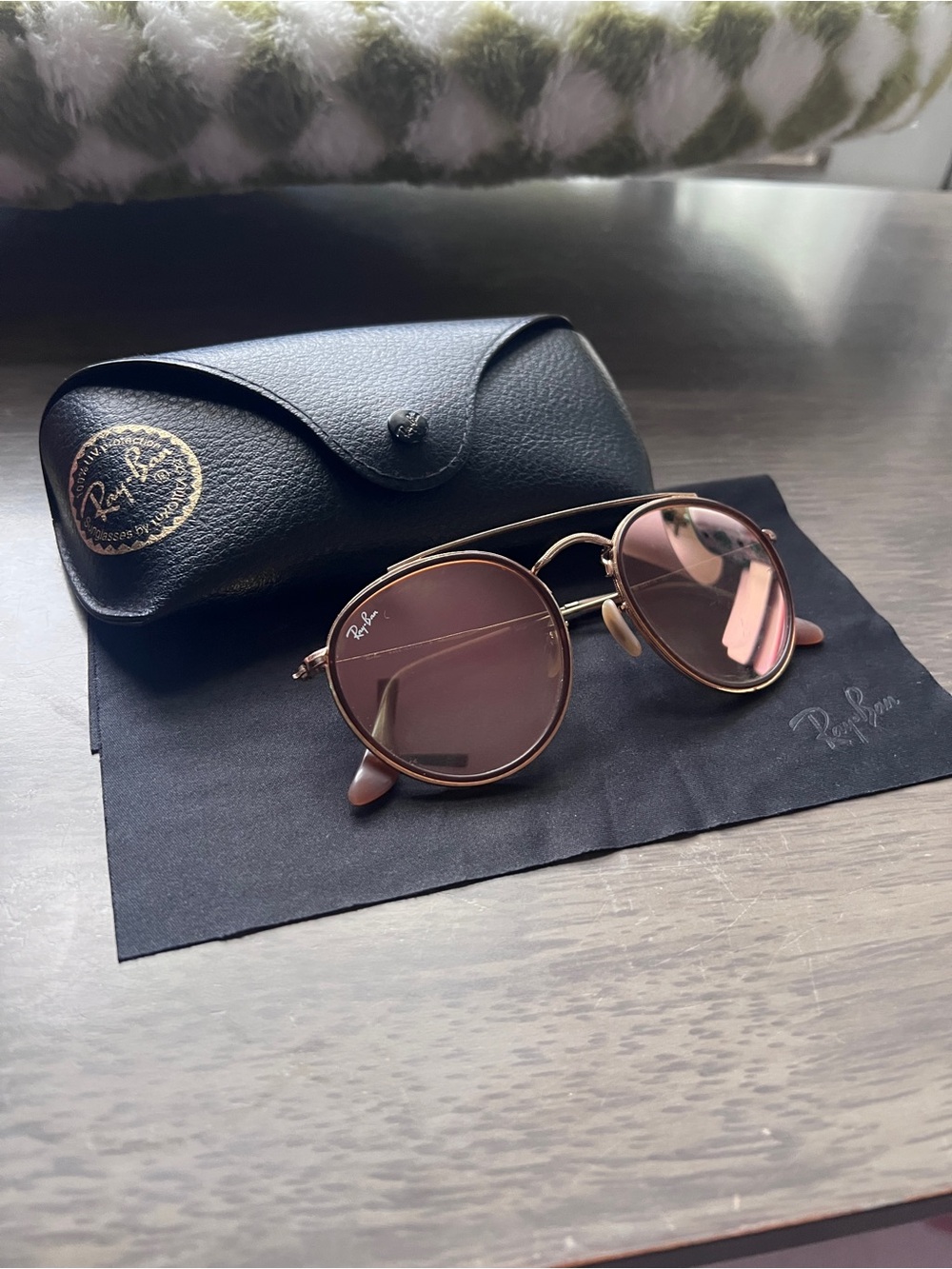 Ray-Ban Round Double Bridge Metal Sunglasses in Pink/Brown and Gold